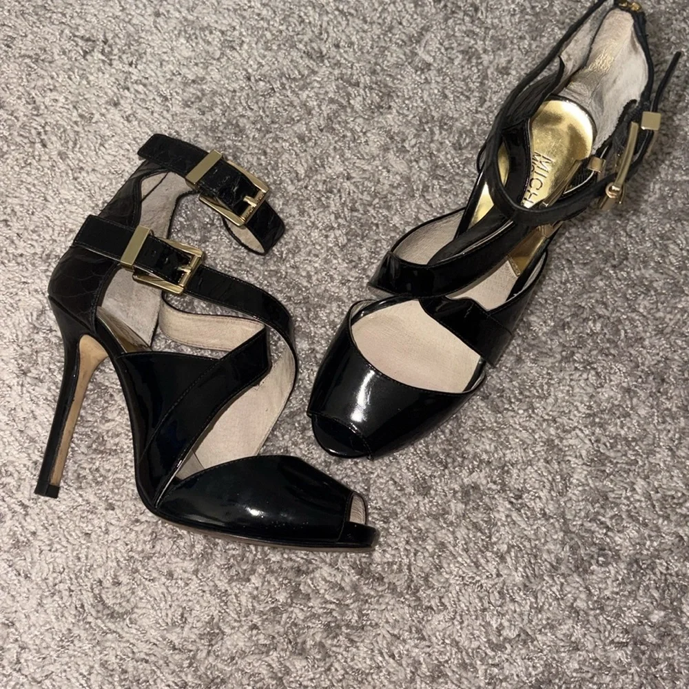 Michael Kors Black Patent Leather Strappy Stiletto Sandals- Tamara Open Toe - Picture 6 of 6